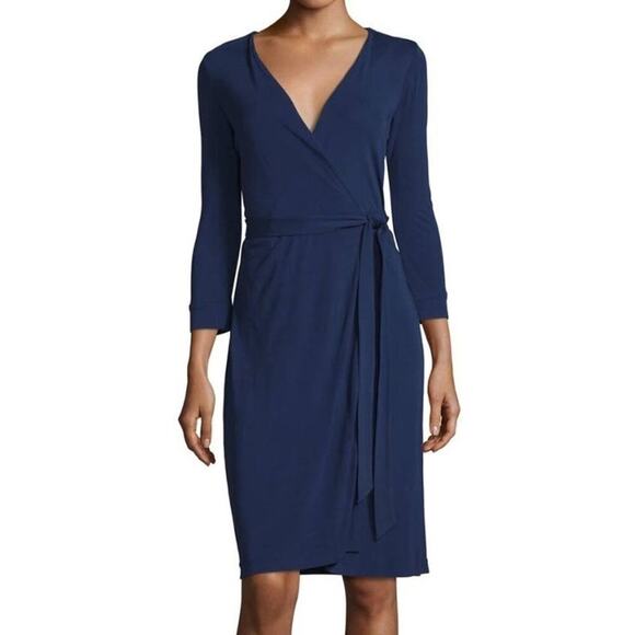 Diane Von Furstenberg Julian Navy Blue Wrap Tie 3/4 Length Sleeve Dress - Picture 1 of 7